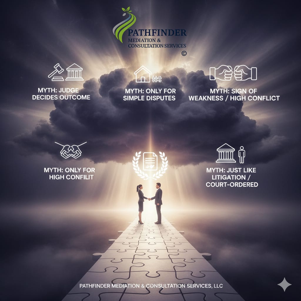 Image of people shaking hands. There are graphics around them listing mediation myths.