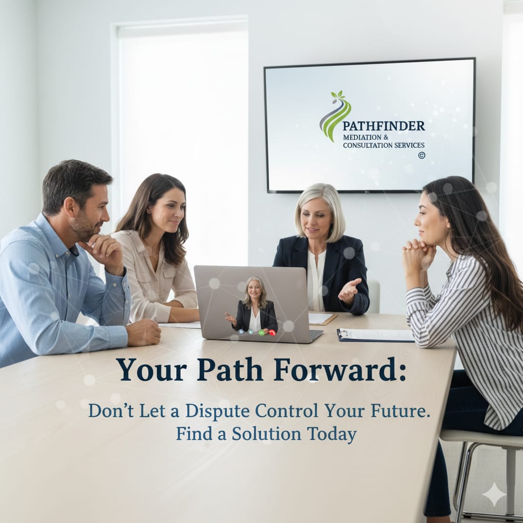 An engaging conflict resolution graphic for "Pathfinder Mediation" with a clean, professional design. The image features a diverse group of people participating in a virtual mediation session on a video conference screen, suggesting comfort and accessibility. The branding incorporates the company's logo, a stylized compass or directional symbol with the letters "PM," set against a subtle, light blue network background. The main text overlay reads: "Your Path Forward. Don't Let a Dispute Control Your Future. Find a Solution Today."