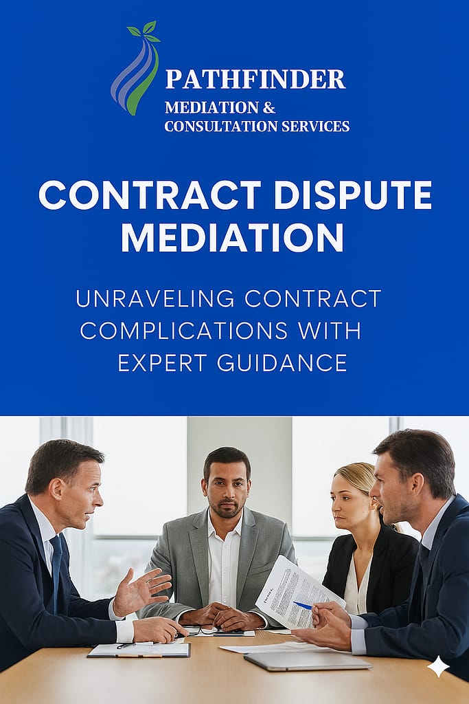 Contract Dispute Mediation banner with the Pathfinder logo and an image of professionals discussing a legal agreement.
