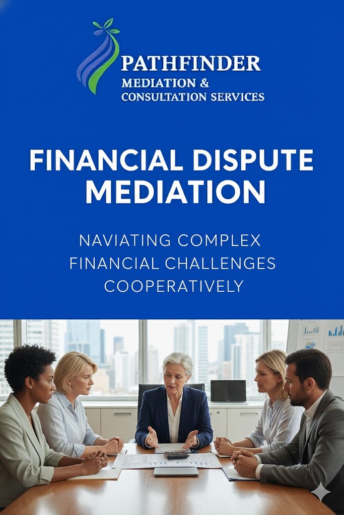 Professional banner for Mediate Financial Disagreements, showing a mediator assisting a couple reviewing financial documents and charts.
