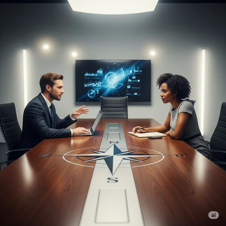 About. Collaborative strategy session between two professionals in a sleek, compass-themed conference room, symbolizing direction and clarity. Futuristic visuals on the screen highlight Pathfinder Mediation’s tech-forward, client-centered approach